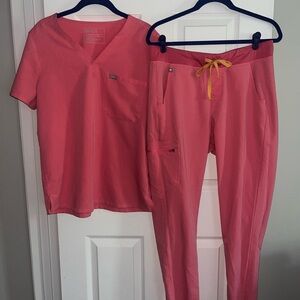 Coral Pink Scrub Set with orange Drawstring